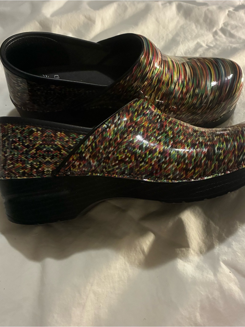 Dansko Multicolor Patent Slip-On Clogs with Rainbow Stripes - Picture 2 of 5